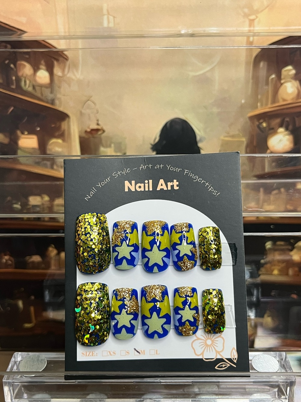Blue & Yellow Star Nail Art Set with Gold Glitter